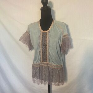 AMEN. Italy Blue Lace Trim Peplum Top Short Sleeve Size S Luxury Designer